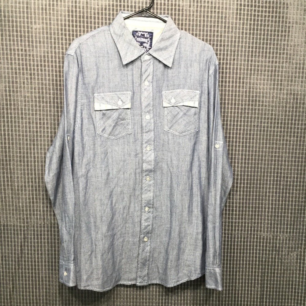 Modern‎ Culture Mens Large Blue Cotton Roll Tab Sleeve Button Down Shirt Pocket